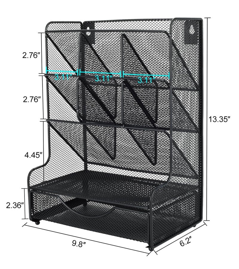 PAG Desk Organizer with Drawer Office Supplies and Accessories Storage Caddy Hanging Wall Shelf Metal Mesh Pencil Holder for Kids, 9 Compartments, Black - Image 4